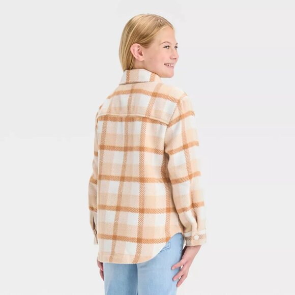 Cat & Jack - Girls' Plaid Button-Front Long Sleeve Shacket - Beige Plaid - Picture 2 of 13